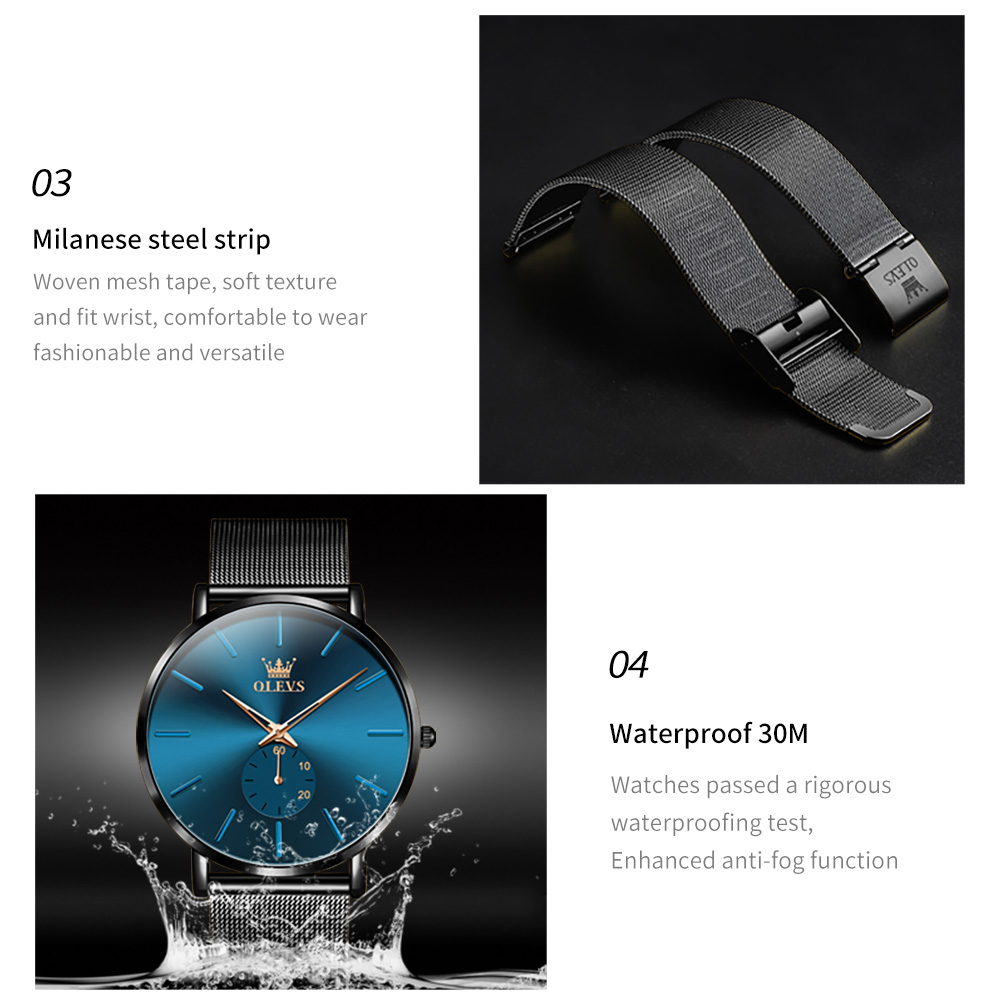 Olevs herrklockor minimalism ultratunna original kvarts armbandsur vattentät lysande oberoende begagnad urtavla nätarmband