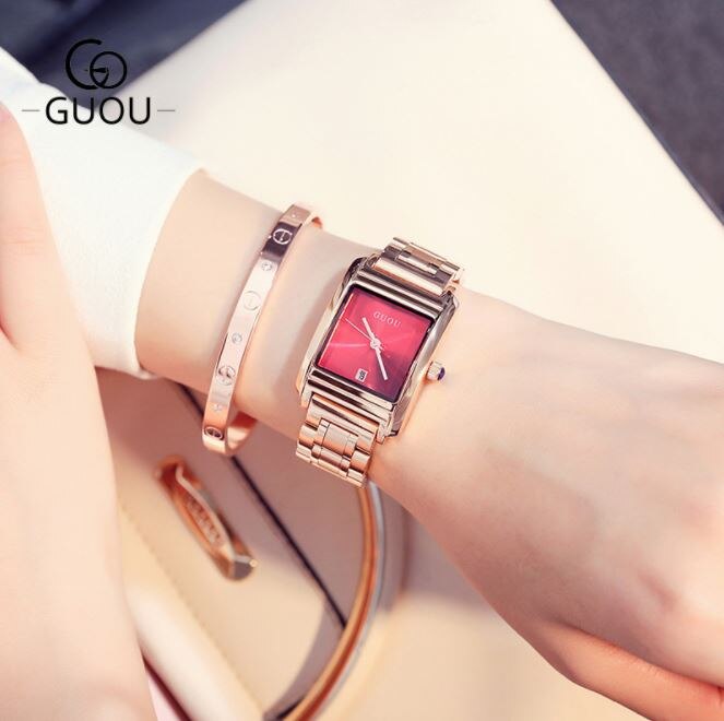 Dameur dameure guou rosa guld armbåndsur rustfrit stål auto date ur ur relogio feminino saat: Rød