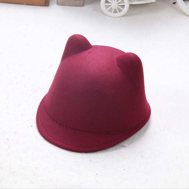 Gorro redondo cálido de lana con orejas de gato para niña y mujer, gorro de lana con orejas de gato, sombrero de Diablo, sombrero de fieltro Retro, Derby Bowler Horse, sombreros de ,: Borgoña