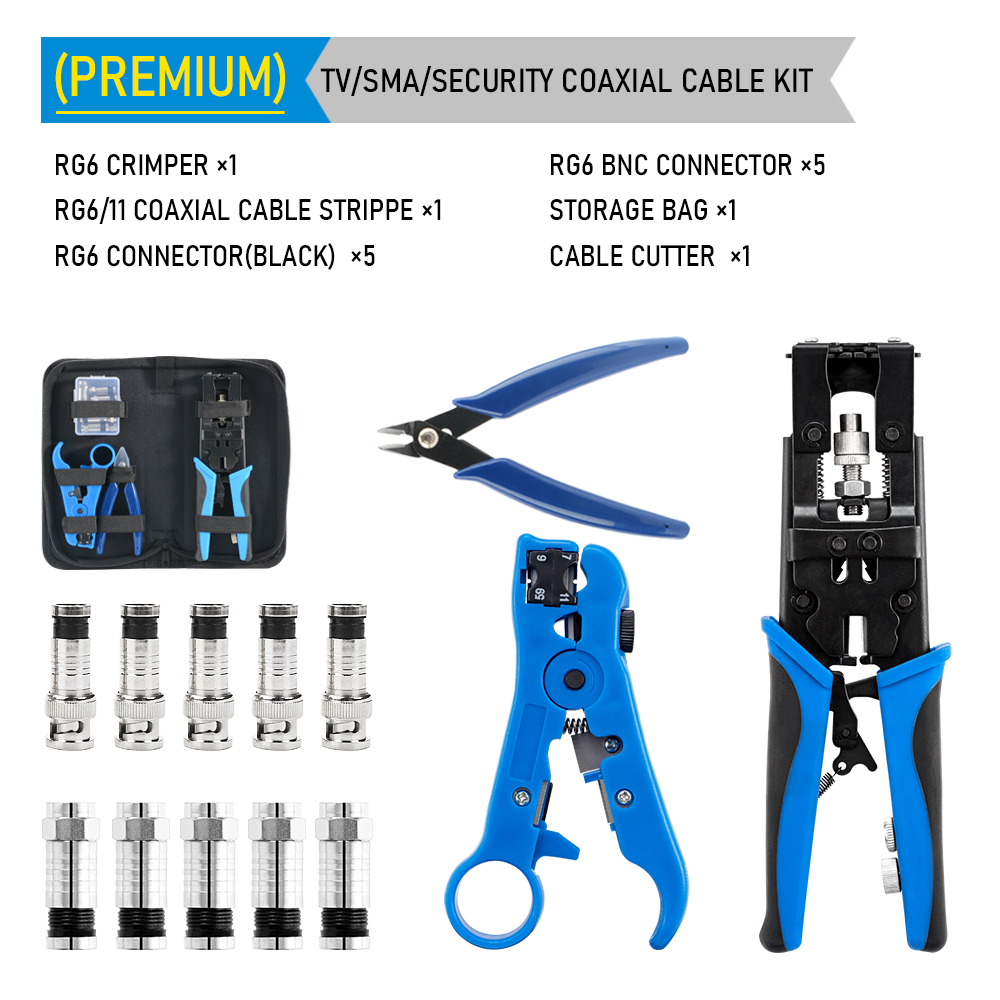 impostato di strumenti per l'installazione di telecamere CCTV Pinze a compressione per connettore F/BNC/RCA RG-58/59/62/6 (3C/4C/5C) Tipo kit spelafili: verde