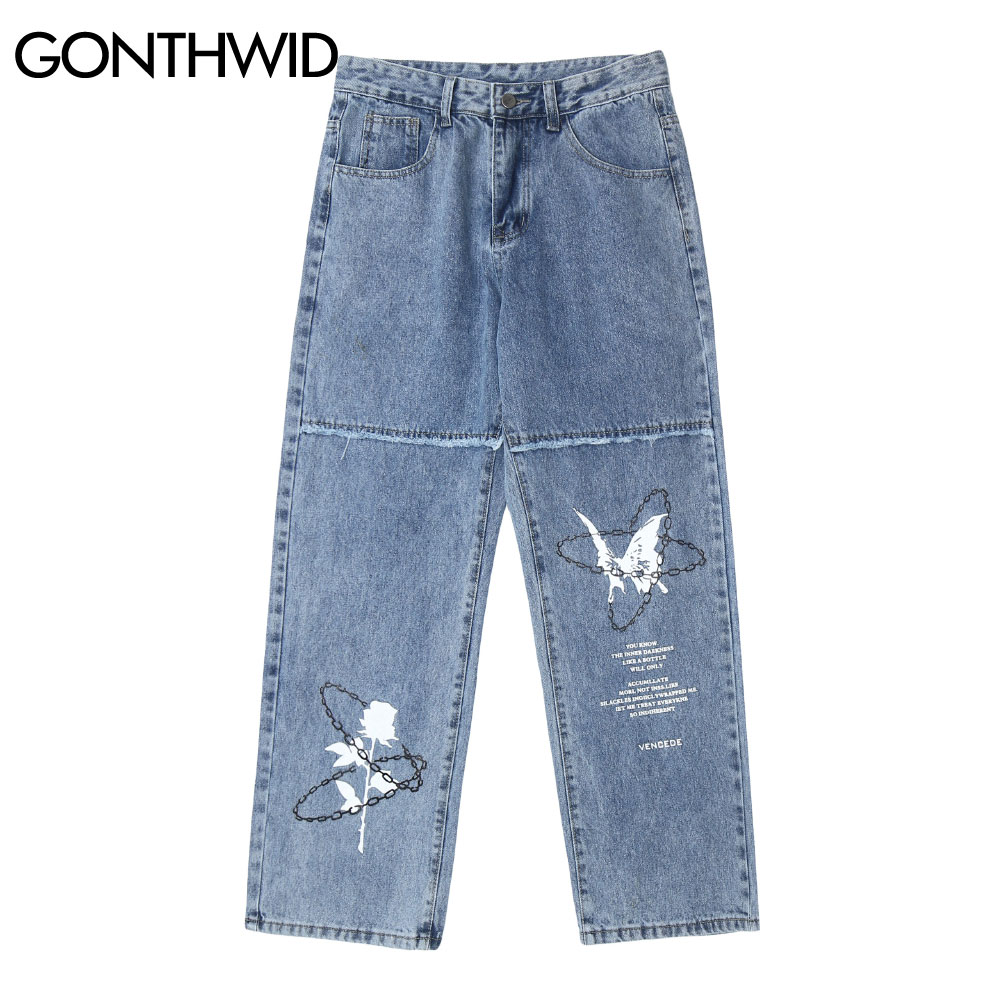 GONTHWID Denim Hosen Kette Rose Schmetterling drucken ausgebeult Jeans Streetwear Herren Hüfte hüpfen Harajuku lässig verlieren Schlauch Schwarz