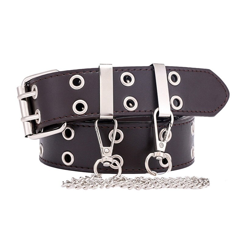 Vrouwen punk ketting riem verstelbare dubbele/enkele rij gat oogje tailleband met oogje ketting decoratieve riemen: Wit en ketting