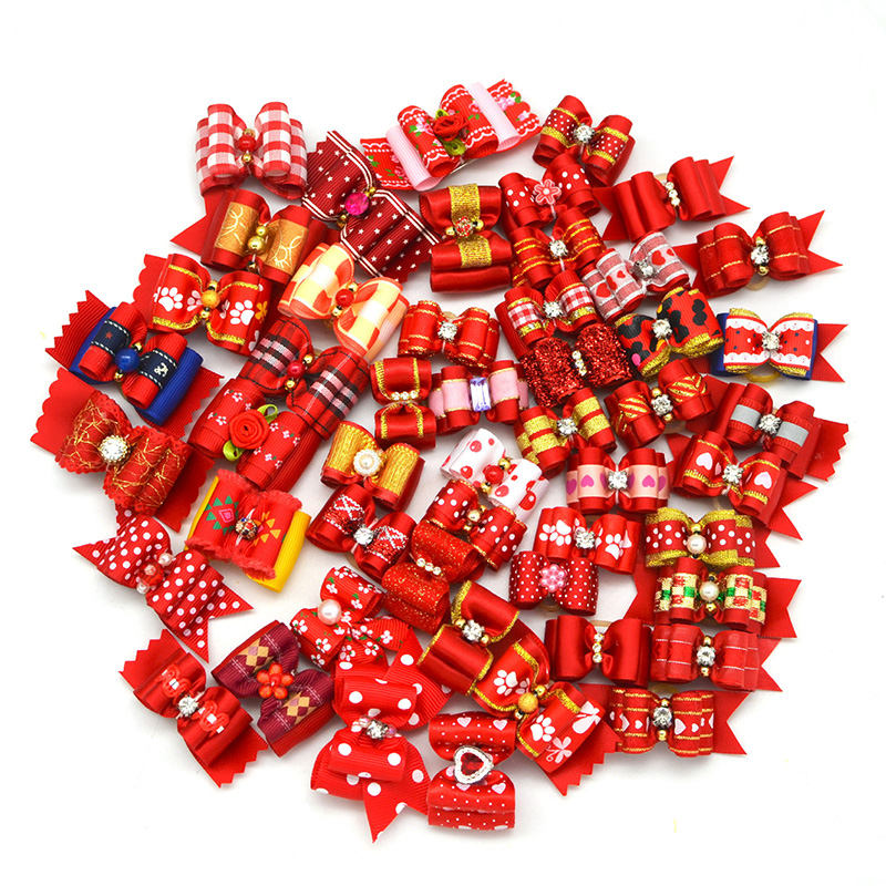 10 unids/lote de lazos para el pelo de perro, banda de goma de colores mezclados, cuidado de gatos hecho a mano para mascotas, cachorros, gatos, Mini accesorios con lazo: Rojo