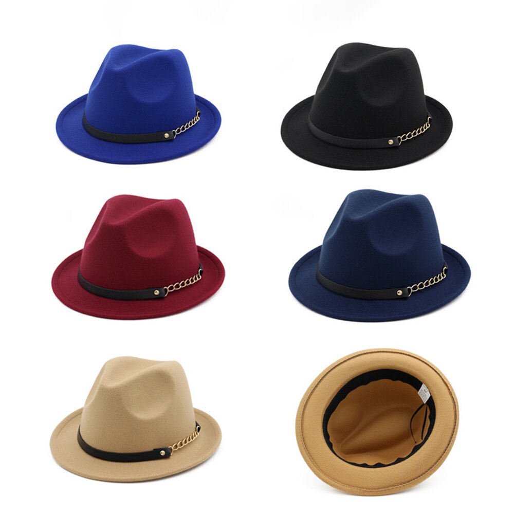Efterår vinter uldfilt fedora hatte med bælte bred flad kant jazz trilby formel top hat panama cap til unisex mænd kvinder