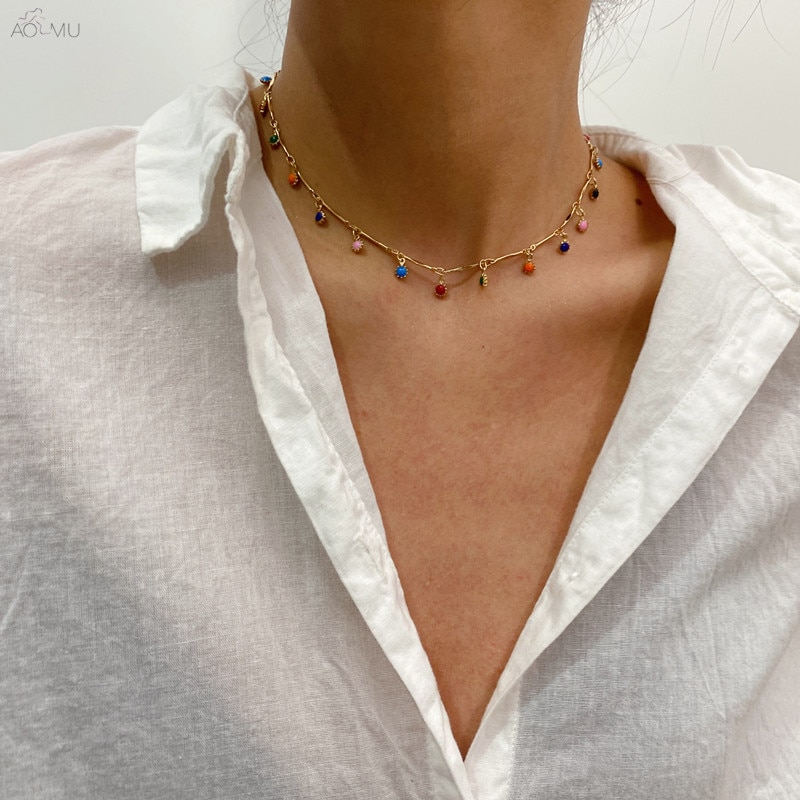 AOMU Autumn Winter Colorful Circle Geometric Splicing Choker Simple Clavicle Necklace for Women Student Jewelry
