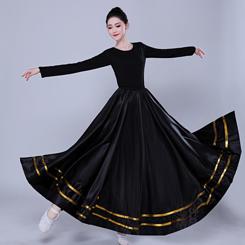 Svart traditionell spansk flamenco kjol zigenare kvinnor dans dräkt randig satäng slät stora gung kjolar mage kläder  dl5156