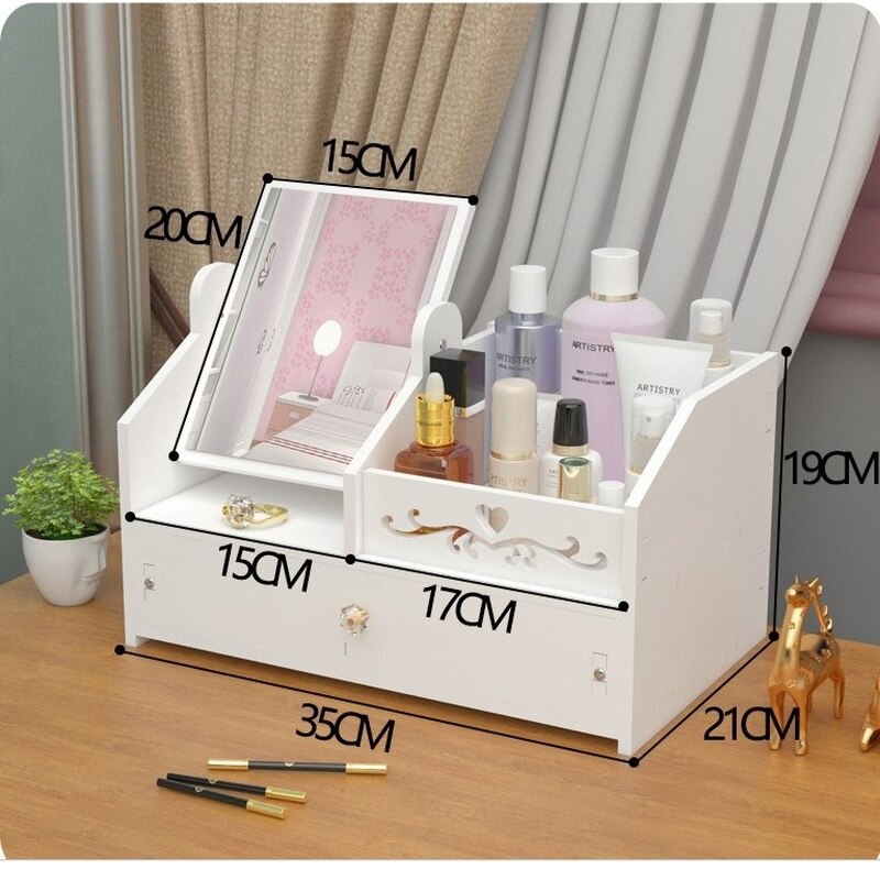 Rotate Wooden Cute Make-up Mirror DIY Installation Assembly Desk Dressing Mirror Women Portable Large Cosmetic Storage Box Shelf