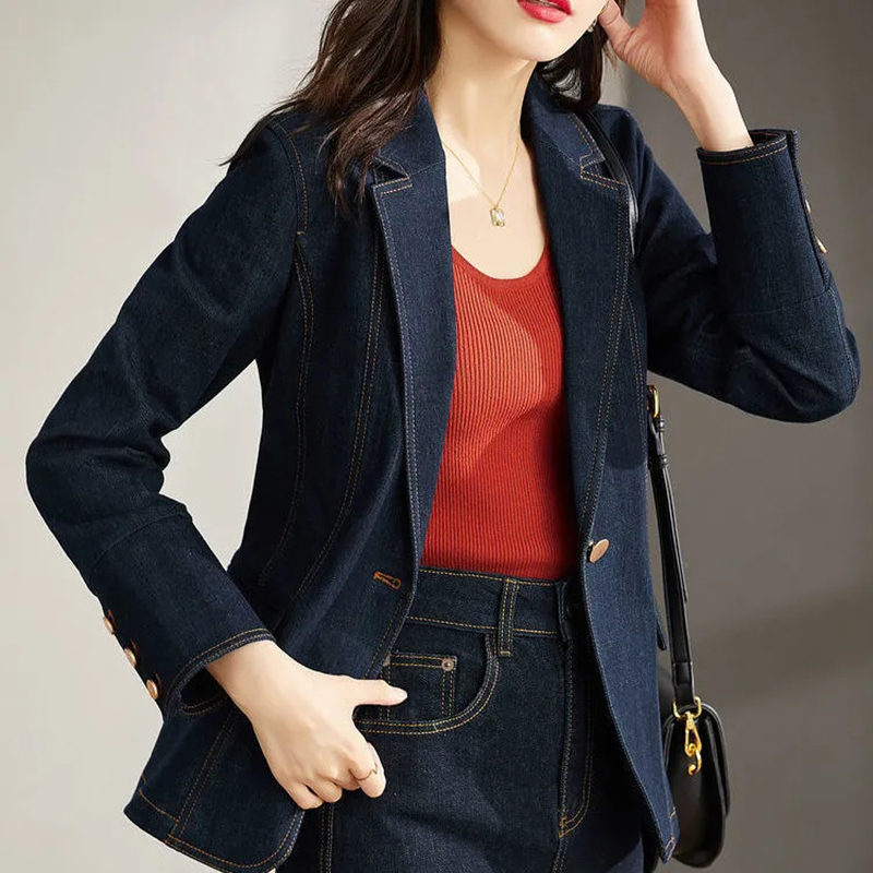 Spring Autumn Denim Blazer Women's Long Sleeved One Button Short Jeans Jacket Ladies Slim Cowboy Coats Outerwear Female
