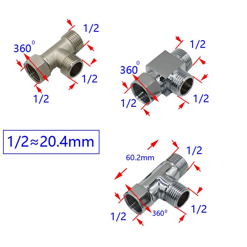 Tipo de bronze t fêmea 1/2 "a 1/2" rosca macho t conector 3 vias tubo adaptador acoplador conector para banheiro 1 pçs