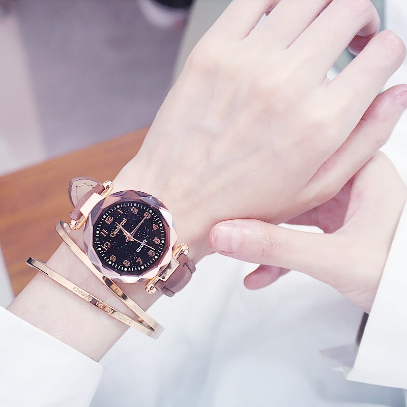 Dameshorloges dames sterrenhemel dames armbandhorloge casual leren kwarts polshorloges klok relogio feminino