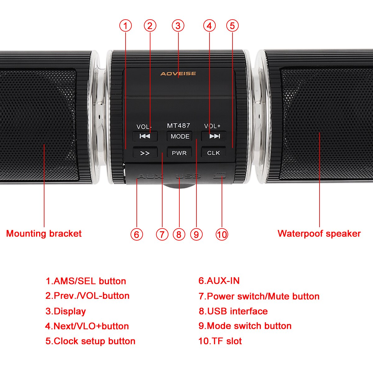 MT487 Motorcycle FM Radio Car Bluetooth Stereo Music Player Waterproof Anti-theft with USB Mp3 AUX Interface Display Screen