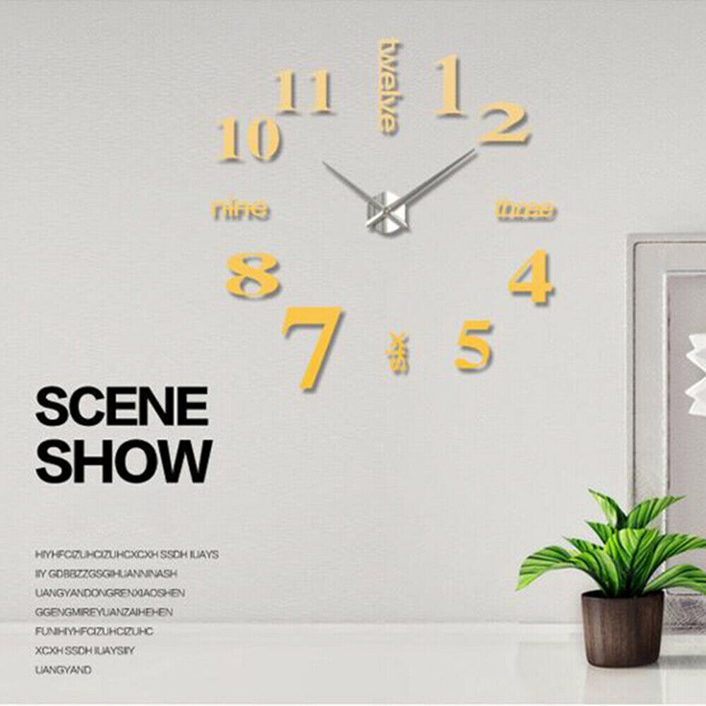 Reloj de números para pared, espejo para pegatina de decoración del hogar, oficina y habitación de niños: Oro