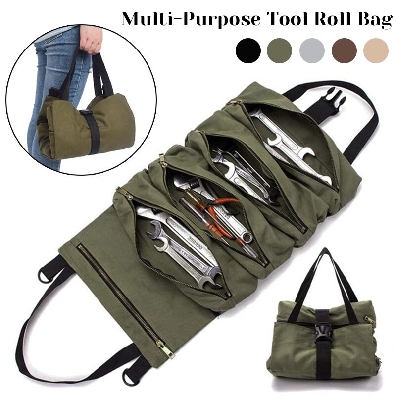 Multi-Purpose Tool Roll Up Bag Canvas Foldable Roll Pack Tool Bag Zipper Carrier Tote Working Storage Bag Waist bag