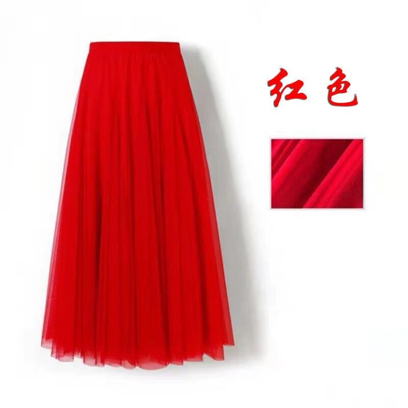 Spring Mesh Purple High Waist Skrit for Women 2022 Slim Fit Pleated Mid-length Skirt Female Faldas: Red