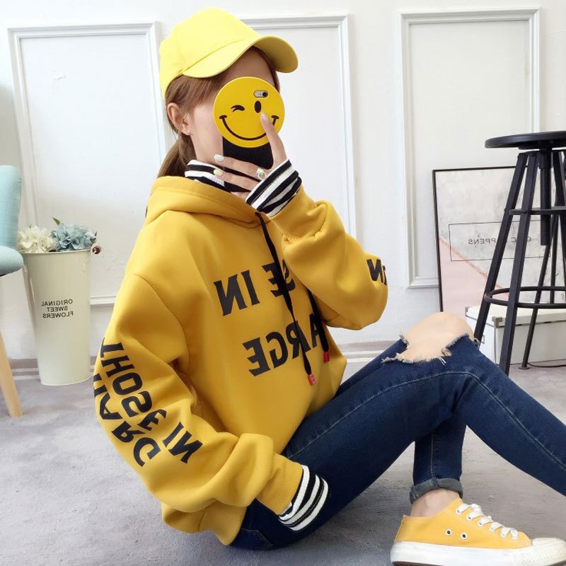 Wiosna Japan Style bluzy damskie C zagęścić Splice z długim rękawem damskie swetry nadrukowane litery z kapturem studenci damskie bluzy: XAM91B / L