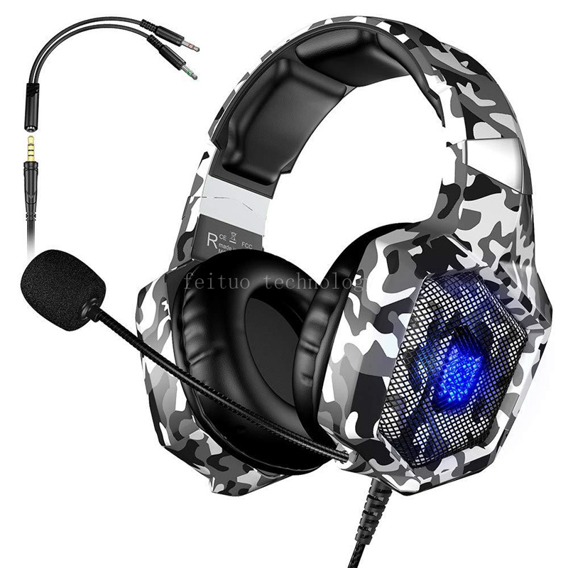 Wired Gaming Headset Met 7 Kleuren Led Licht Gamer Headset Voor PS4 Pc/Mac/Mobiele/Xbox: camouflage white