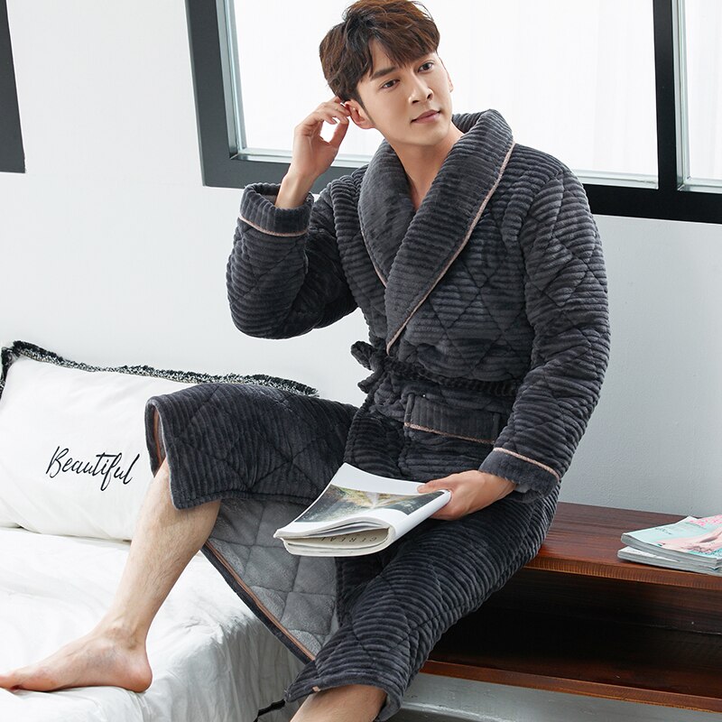 Winter 3 Layers Thick Bath Robe Men Bathroom Robe Bathrobe Male Quilted Pajamas Thick Long Spa Robe Shower Homewear Coral Fleece: A8813 / L