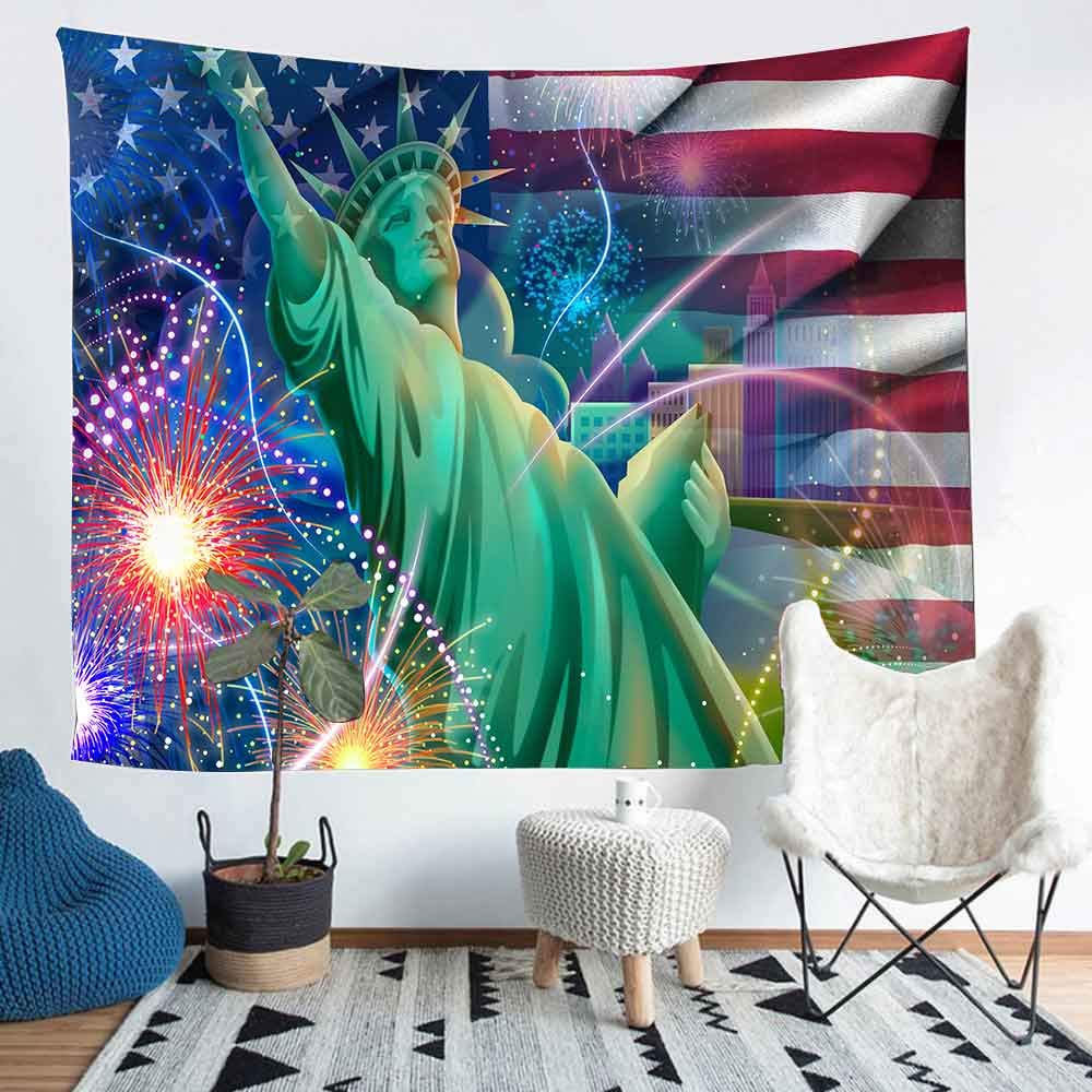 Amerikaanse Vlag Thuis Decor Tapestry De Vrijheidsbeeld York Harbor Fireshow Muur Opknoping