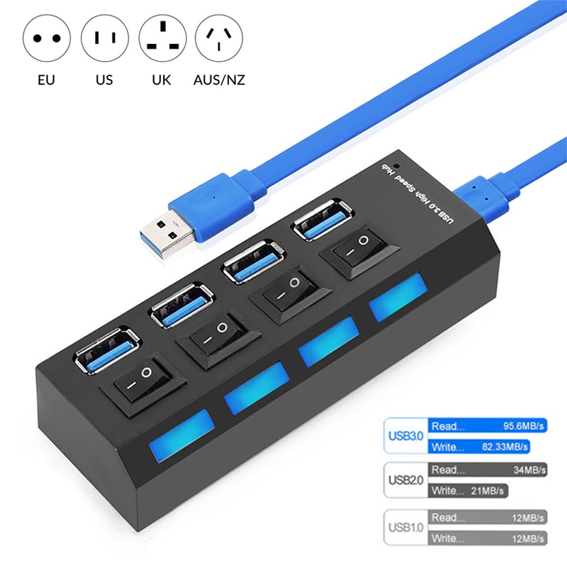 4 bærer usb 3.0 hub splitter boks uk/oss/au/eu plugg 5 gbps superhastighet kompakt ekstern vekselstrømadapter til mobiltelefon datamaskin