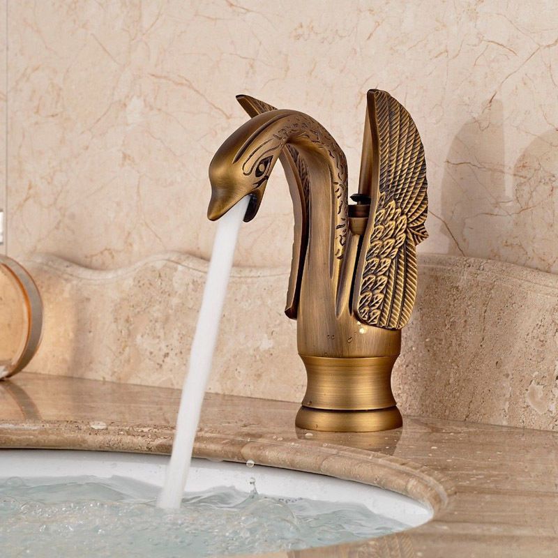 Gold Brass Swan Basin Faucet Arch Brass and Cold Taps Gold Plated Single Hole Tap Luxury Wash Mixer Taps: antique