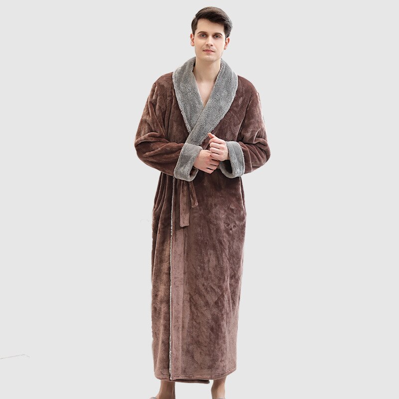 Flannel couple nightgown cross-section coral fleece men's long thick bathrobe bathrobe men robe bath robe bathrobe men: brown / XL