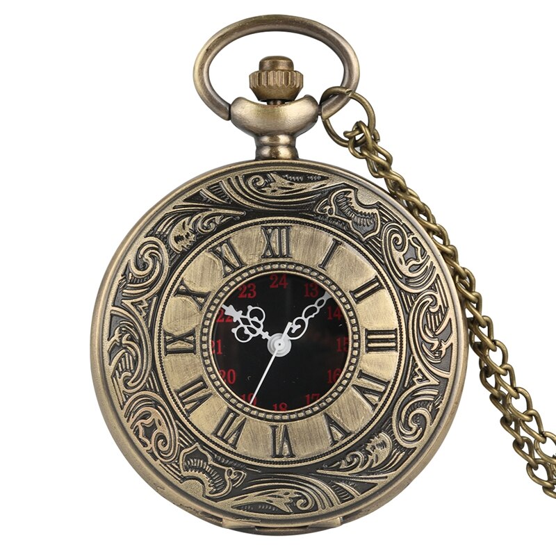 Retro Brons Hollow Flip Quartz Zakhorloge Romeinse Cijfers Gouden Wijzerplaat Horloge Modieuze En Duurzaam Chain Hanger Ketting: bronze black dial