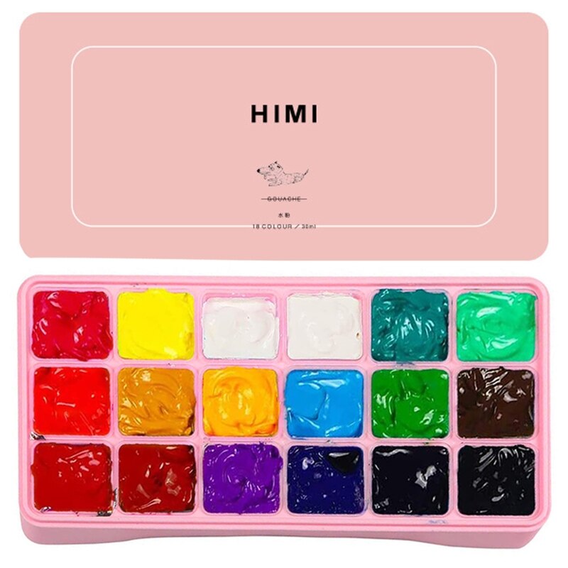 Gouache Paint Set 18 Vibrant Colors Non Toxic with Portable Case Palette Pigments School Art Stationery: 7HH803061-PK