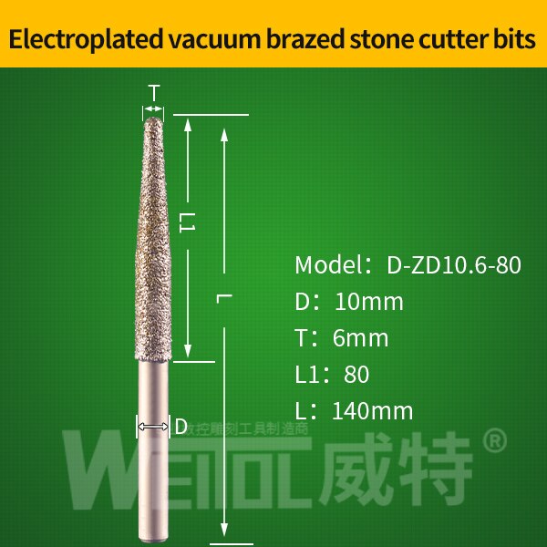 Weitol 10mm elektrolyyttinen timanttihiomakiviterät kartiojuotetut jyrsimen terät cnc-terä graniitille: D -zd10.6-80