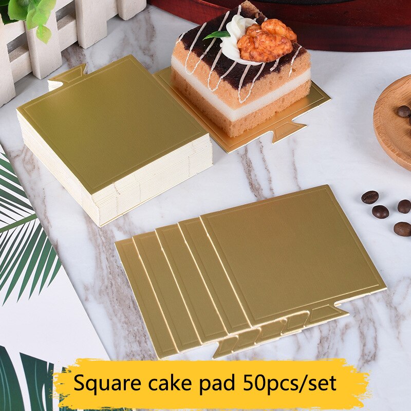 50 stk/sett gylne runde firkantede kakebrett ikke-pinne mousse papirmatte sirkel utgangspunkt papp papir ost dessert cupcake brett pute: Torget