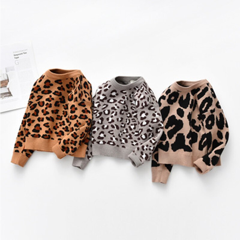 Höst barn flickor stickade leopardmönster tröjor baby vinter varm ull oullovers spädbarn långärmade kläder tröjor