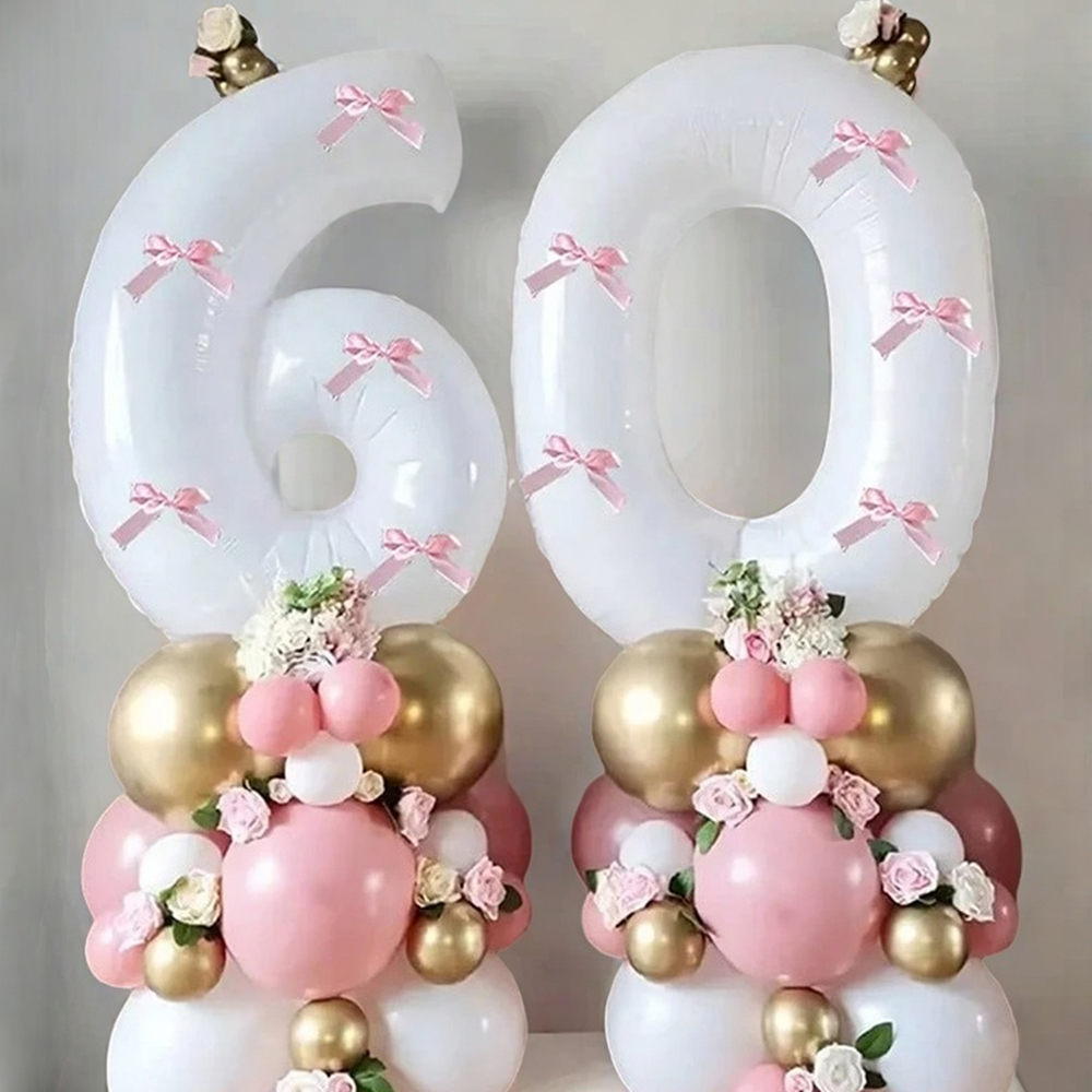 40 inch roze strik decor witte nummer ballonnen, 0-9 witte nummer ballonnen met roze strik decor, geschikt voor verjaardagsfeestje, jubileum