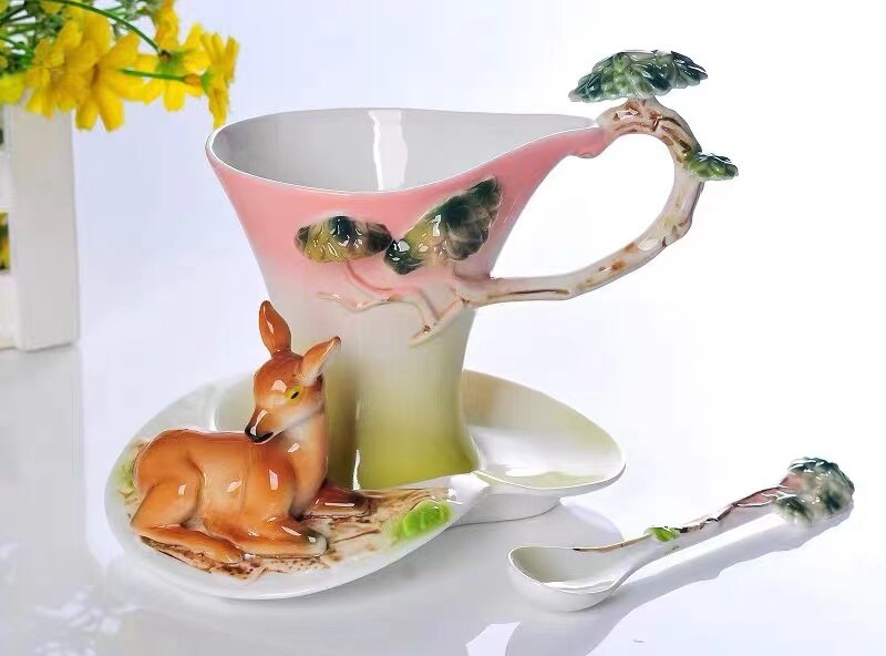 Keramik Tasse Elstern Pflaume Blüte Emaille farbe Kaffee Tasse mit Untertasse und Löffel Europäischen Kreative Tee tassen Tee tasse einstellen: Gelb