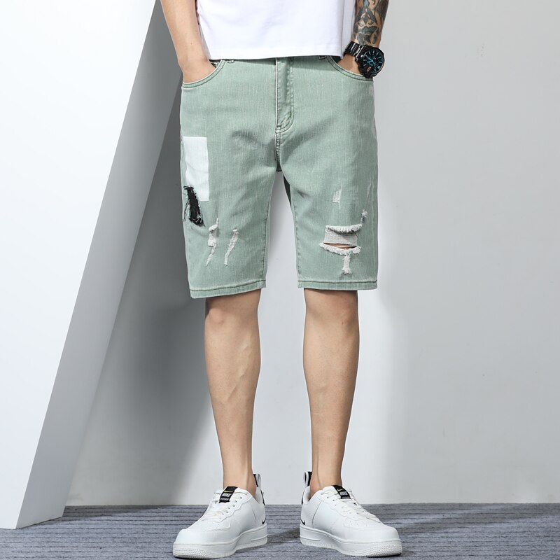 Summer Selling Male Jeans Shorts Green Stitching Embroidery Ripped Hole Denim Shorts Men's Clothing: 34