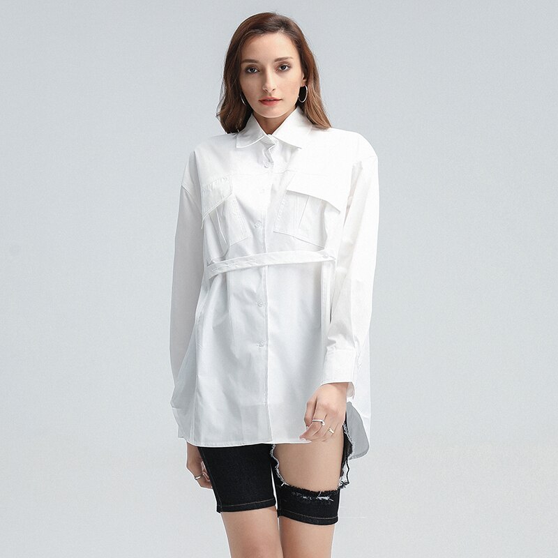 TWOTWINSTYLE Casual Loose Shirt For Women Lapel Long Sleeve Lace Up Patchwork Shirts Female Clothing Autumn
