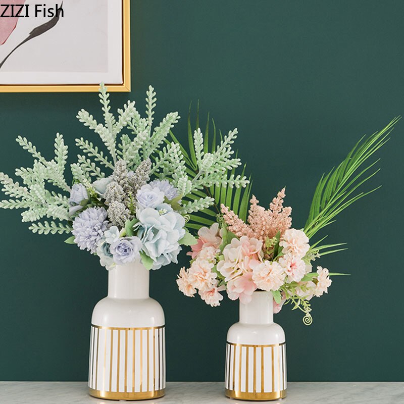 Nordic Rustic Home Decor Ceramics Vases Golden Grain Texture Vase Hydroponics Floral Flowerpot European Style White Ceramic