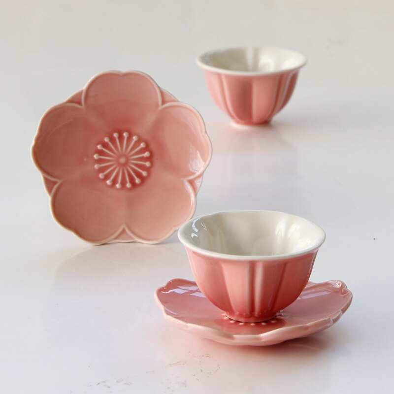 pink special-shaped ceramic flower tea cup and dish set for women's ceramic afternoon tea cup with dish