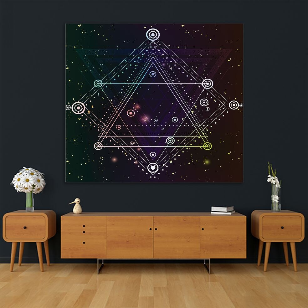 Tapestry Hipster Mystic Heilige Driehoeken Cirkels Op Donkere Ruimte Sterrenhemel Boho Chic Art Zwart Wit Paars