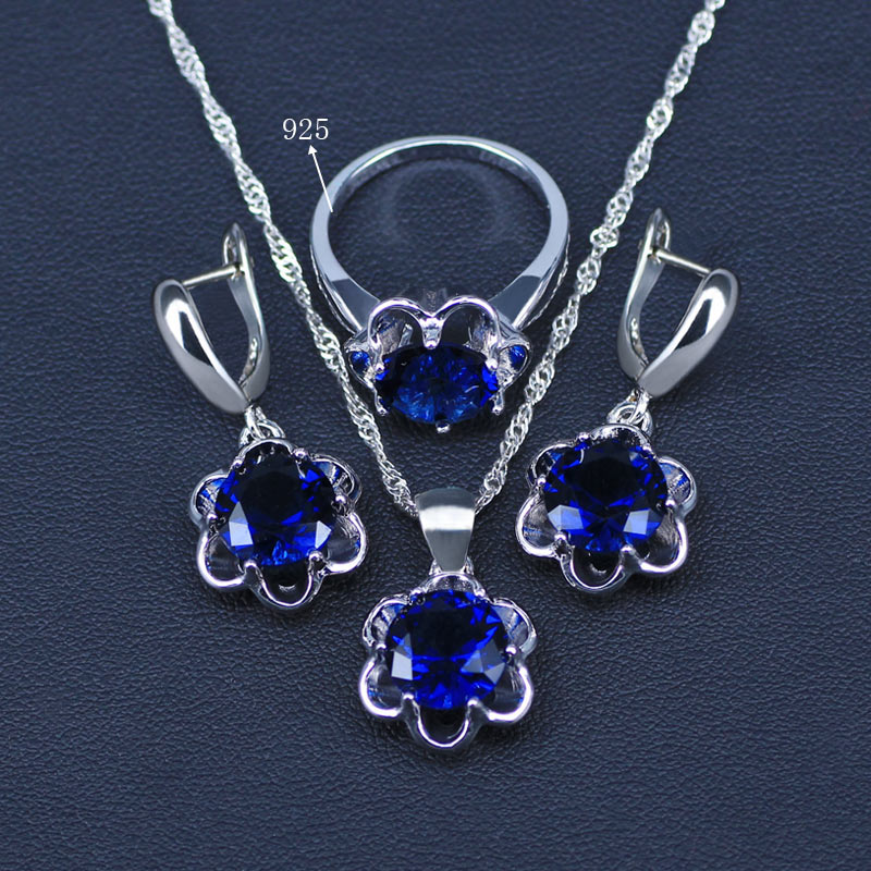 Bloemblauwe zirkoon bruids zilverkleurige sieraden sets dames hanger & ketting ring oorbellen met natuurlijke stenen sieradendoos