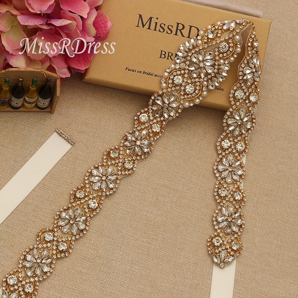 MissRDress dżetów pas ślubny Handmade perły ślubne pas złoty kryształ szarfa do sukni ślubnej dla Bridal akcesoria JK834