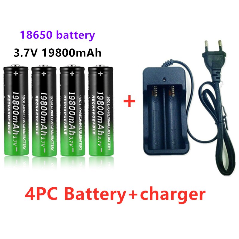 100% 18650 Battery 19800mAh 3.7V 18650 Li-ion batteries Rechargeable Battery For Flashlight Torch +Charger: Red