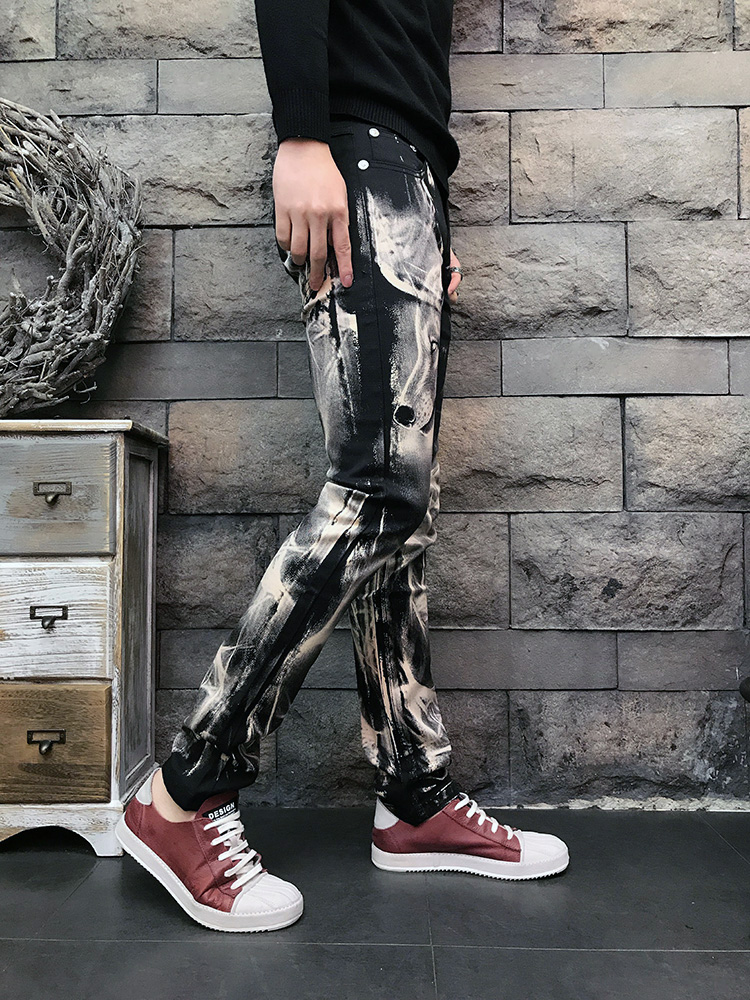 Menn tilfeldig jeans med ulveprint herre 3d mønster farget tegning malebukser slank tøye ut bomull dongeribukser