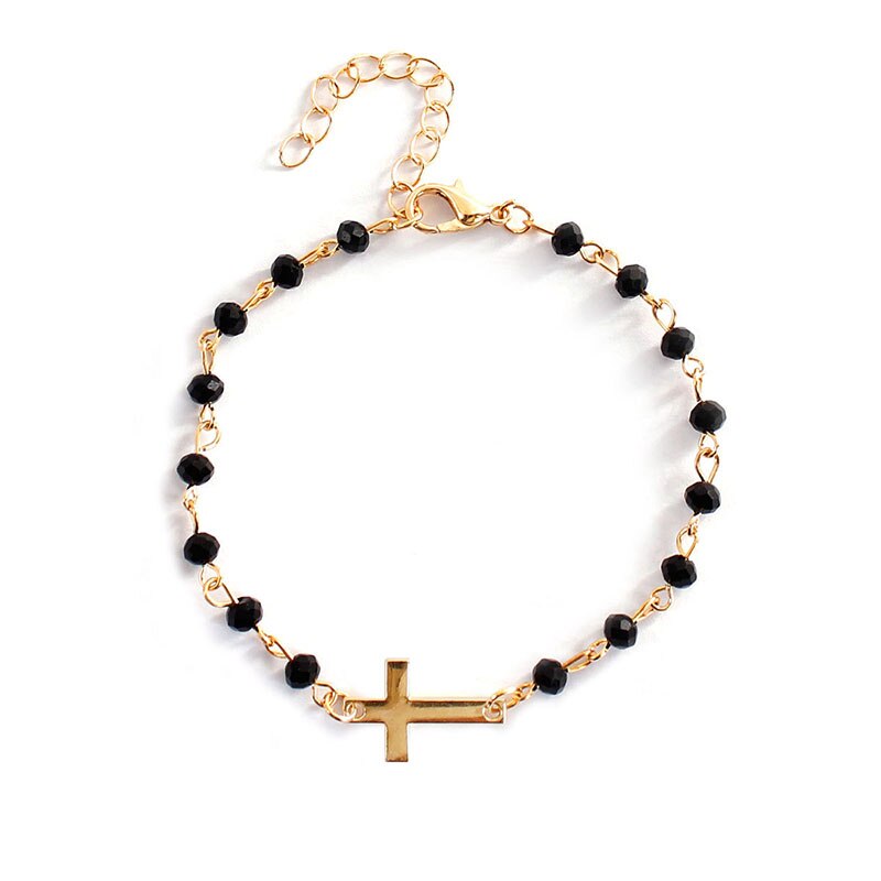 Neue Rosenkranz Stil Seitlich Kreuz Armbinde Schwarz Onyx und Beades Gold oder Kette Armbänder für Frauen Mädchen