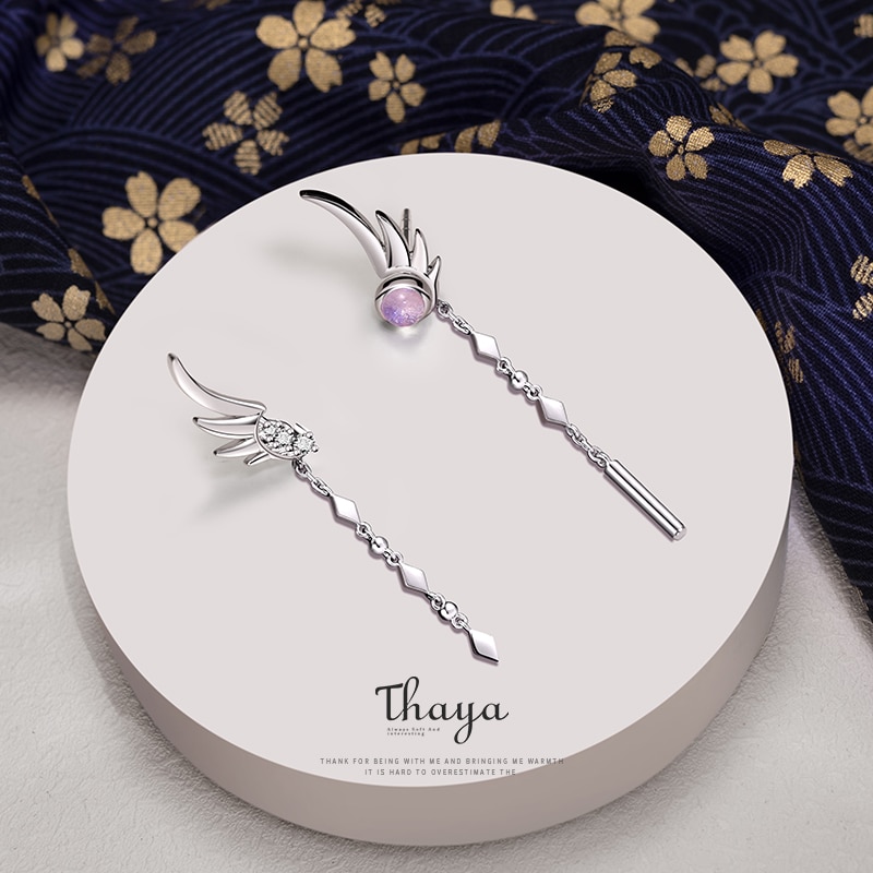 Thaya Kwastje Zilver Kleur Earring Bengelen Feather Earring Japanse Stijlvol Voor Vrouwen Oorbel Fijne Jewely