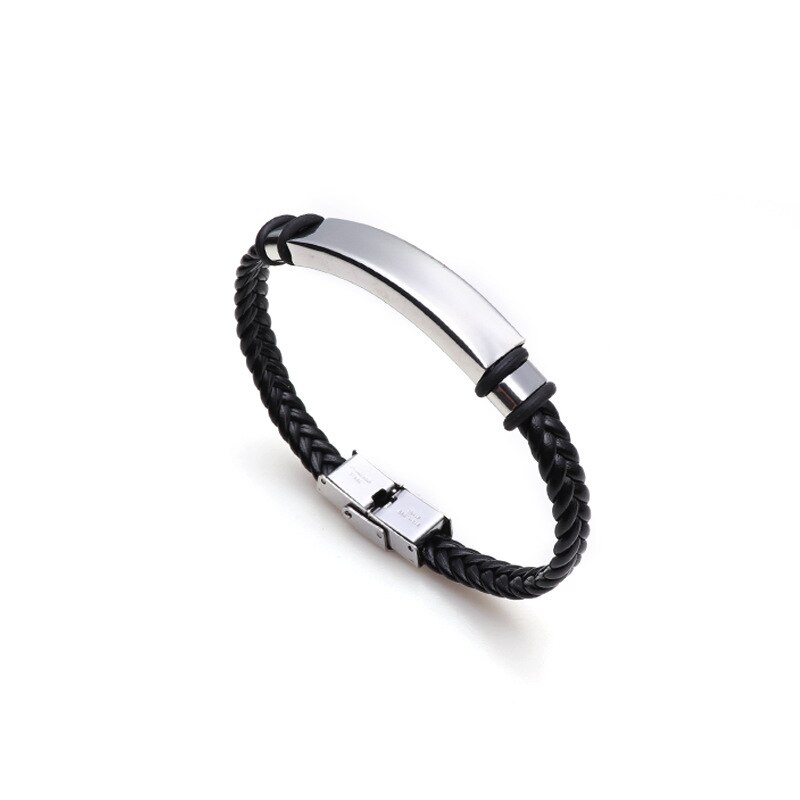 Punk Men Jewelry Black Braided Leather Bracelet Black/Silver Color Stainless Steel Charm Buckle Bangles Women: Silver