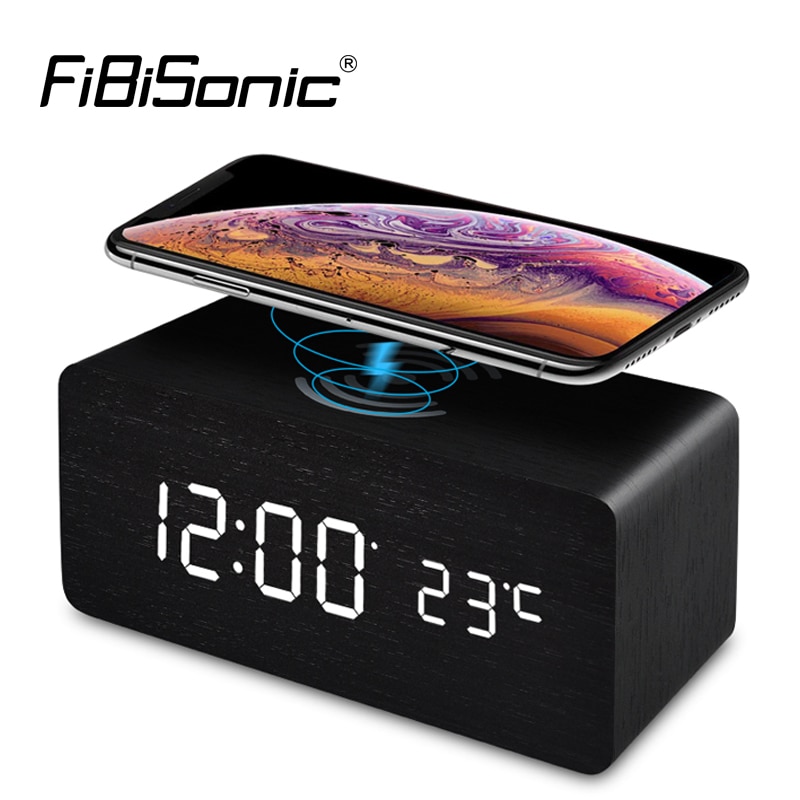 Fibisonic Houten Led Digitale Tafel Wekkers Met Met Qi Draadloze Opladen Pad Compatibel Met Voor Iphone Samsung