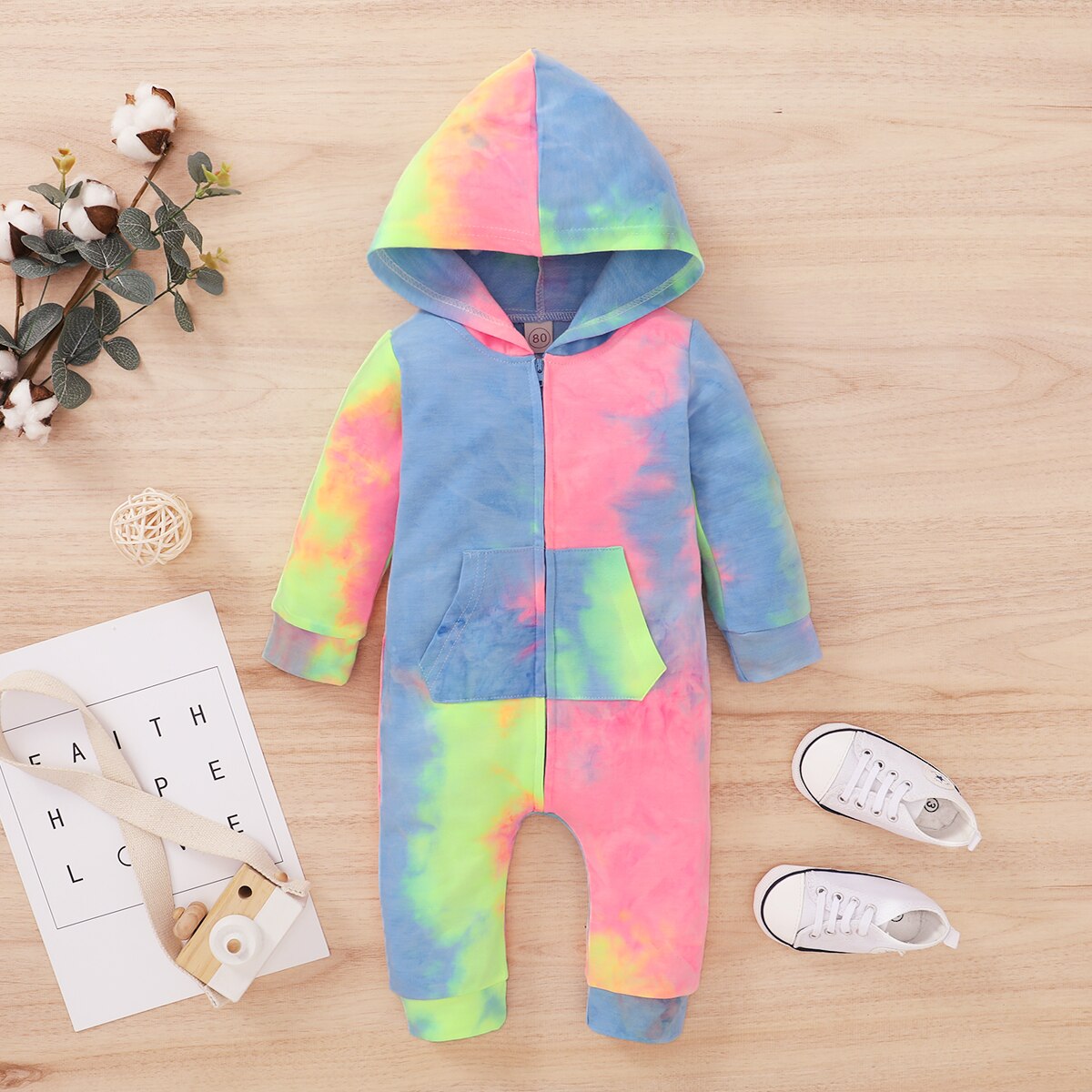 Mise au point 0-18M cravate-teinture imprimé bébé filles garçons barboteuses fermeture éclair manches longues à capuche automne combinaisons 3 couleurs