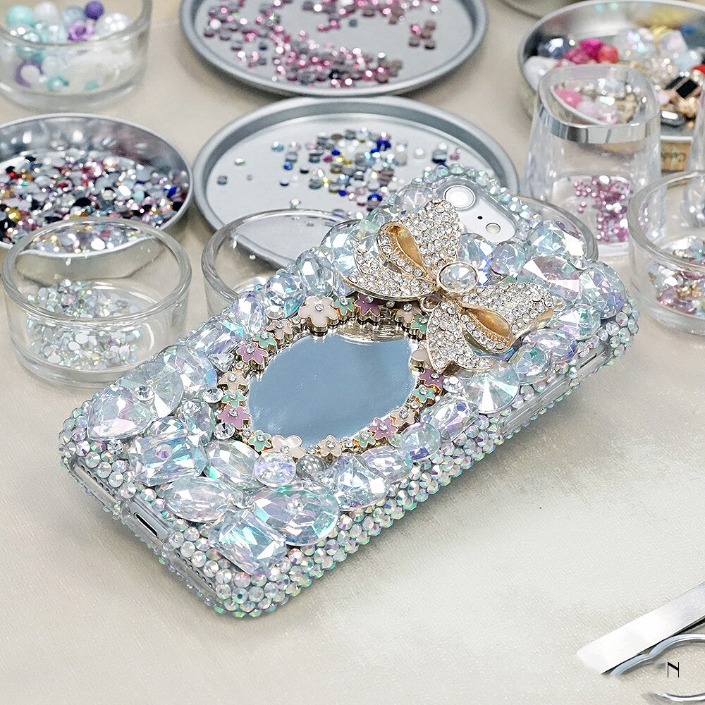 Caso espelho feminino artesanal 3d diamante strass telefone capa para o iphone 8 6s 6plus 7 8 plus x xs max 11 pro max capa