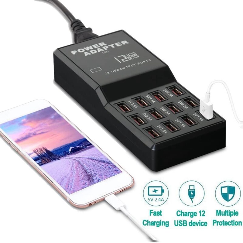 12 USB Port 60W/12A Multi USB Charger Multi-Port USB Charger for Phone Universal Multi Phones Charging Station UK Plug