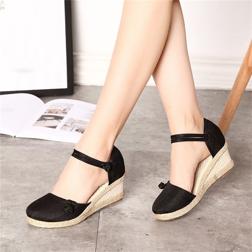 Straw Hemp Rope Sandals Women Ladies Retro Linen Canvas Wedge Round Toe Casual Sandals Singles Shoes Closed Toe Sandal: Black / 34