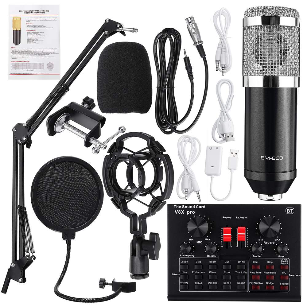 BM800 Pro Microfoon Mixer Audio Dj Mic Stand Condensator Usb Draadloze Karaoke Ktv Professionele Opname Live Bluetooth Geluidskaart: black